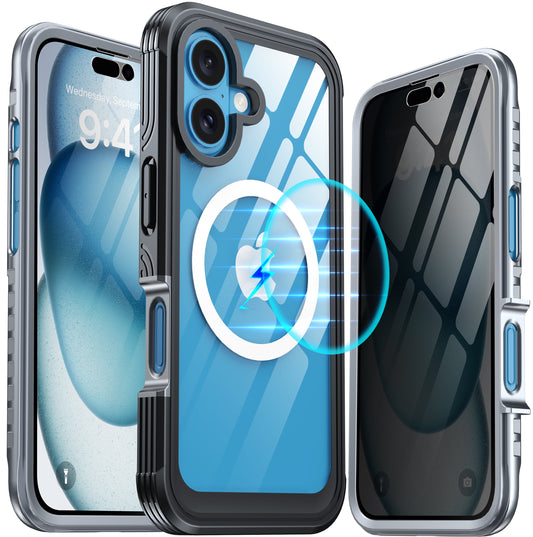 for Iphone 16 Pro Case, Double Front Frame Built-In 9H Tempered Glass Screen Protector + Privacy Screen Protector, Compatible with Magsafe, Magnetic Phone Case for Iphone 16 Pro-Black